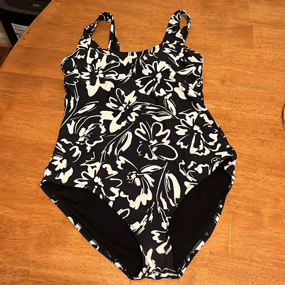 Hurley One Piece Swimsuit Ink Fresco Floral Black and White Womens Medium